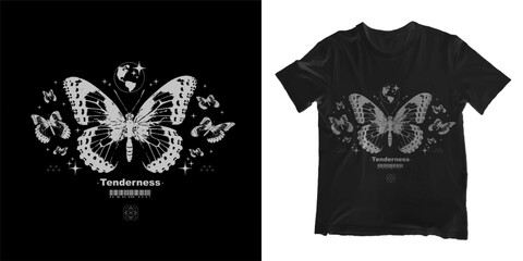 Wall Mural - Grunge poster with butterfly. Gothic elements for design, print for t-shirt, hoodie and sweatshirt. Isolated on black and white background