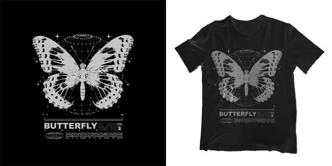 Grunge poster with butterfly. Gothic elements for design, print for t-shirt, hoodie and sweatshirt. Isolated on black and white background