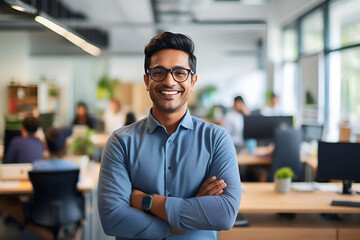 smiling indian businessman standing with his arms crossed in a modern it company office