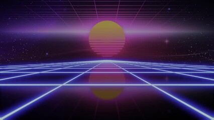Wall Mural - Synthwave Sunset. Animated Background. 80s Sun. Wireframe Landscape. Retro Future Perspective Grid. Retrowave Style. Sci-fi Abstract Backdrop. 3d render. Seamless loop
