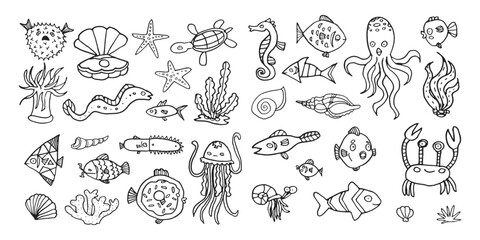 set of vector hand drawn ocean animals and fish, tropical sea outline doodle collection, underwater 