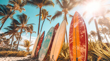 Tropical Surfboards Against Palm Trees On A Beach