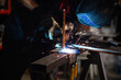 man welder, mig or tig welding, craftsman, erecting technical steel Industrial,  steel welder in factory technical