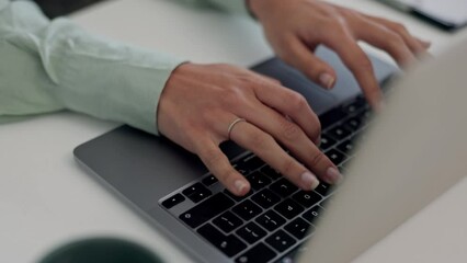 Poster - Hands, using phone and typing on laptop or business woman with tech in office for online research, planning or communication. Person, writing blog and working on internet or social media post