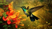 Anthracothorax Nigricollis, The Black Throated Mango, A Blue And Green Hummingbird, Flies Near To A Beautiful Yellow Blossom.