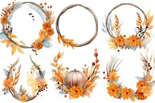 Autumn Wreath In Watercolor With Orange Flowers, Anise, And Sea Buckthorn. Fall Collages For Postcards Or Print