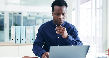 Fototapete - Laptop, thinking and black man doing research in the office for a corporate legal project. Technology, serious and African male attorney working on a business law case with computer in the workplace.