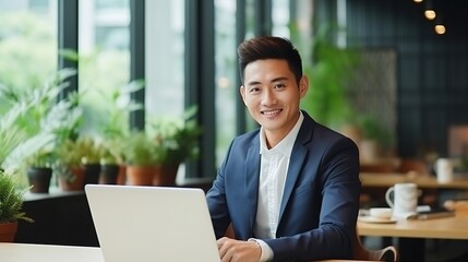 Canvas Print - A portrait of a smiling professional businessman working on her laptop