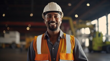 Poster - Factory worker in uniform with safety helmet works on the industrial site