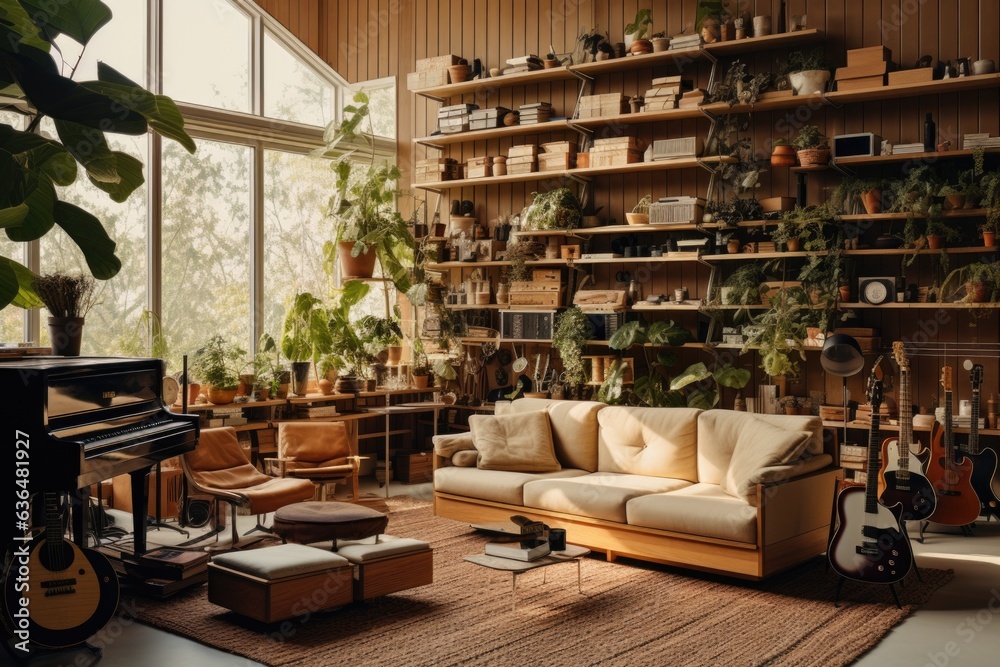 A music lover's room with wooden acoustic panels on the walls, a wooden ...