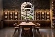 Wine Enthusiast: A contemporary wine room featuring a wooden wine rack wall, a wooden bar area with wine barrel stools, and dimmable wooden pendant lights. Generative AI
