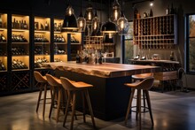 Wine Enthusiast: A Contemporary Wine Room Featuring A Wooden Wine Rack Wall, A Wooden Bar Area With Wine Barrel Stools, And Dimmable Wooden Pendant Lights. Generative AI