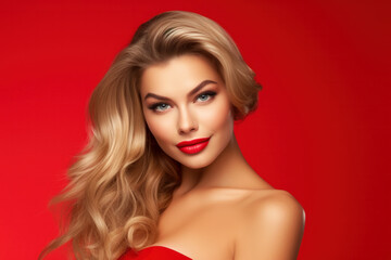 Wall Mural - Stunning young lady with long blonde glossy hair and perfect make up on bright red background