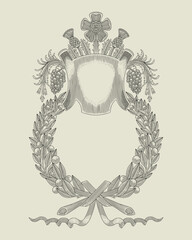 floral wreath with banner and ornament, Vintage engraving drawing style vector illustration. 