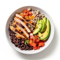 Poster - Healthy Grain Bowl with Grilled Chicken, Black Beans, Tomatoes and Avocado Isolated on a White Background