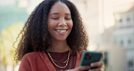 Canvas Print - Phone, happy and African woman with smile in city online for social media, networking and internet. Communication, connection and female person on smartphone for message, chatting and mobile app