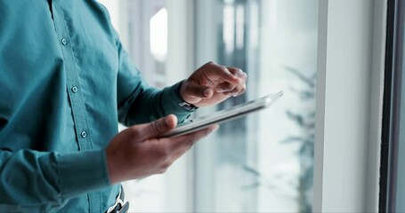 Poster - Hands, business and man with a tablet, typing and connection with website information, research and update software. Closeup, person and employee with technology, social media and digital planning