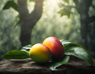 Beautiful mango fruit with leafs on natural forest smooth background