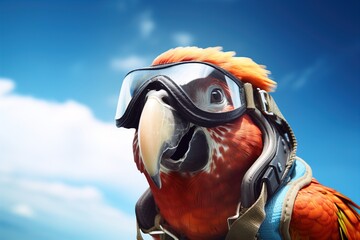 Poster - Parrot with glasses on background of blue sky.