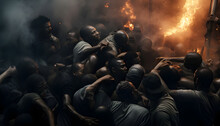 Prison Riot anarchy. Chaotic Fighting with Blazing Fire Behind.