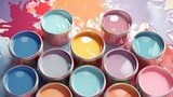 Fototapeta  - Renovation concept. Open paint cans/tins with pastel paint. Artistic background. Ai generated digital design.	