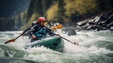 Kayaker Navigating Through Roaring Whitewater Rapids
