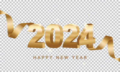 Wall Mural - Happy New Year 2024. Golden 3D numbers with ribbons and confetti , isolated on transparent background.