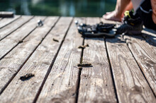 Scattered Goose Poop On A Wooden Boat Dock.