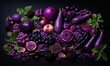 Purple fruits and vegetables on dark background