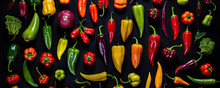 All Types Of Peppers On A Dark Background