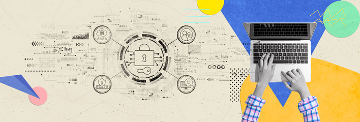 Poster - Data Security concept with person using a laptop computer - Photo collage design