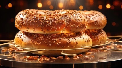 bagels bread with sprinkled sugar and sesame seeds on wooden table background blur