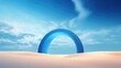 Amidst the vast sandy expanse, a vivid blue arch stands prominently, its deep color contrasting with the pale sands beneath. Overhead, gathering clouds enhance the scene, 