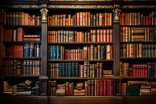 Classical Library Room With Old Books On Shelves. Bookshelves In The Library. Large Bookcase With Lots Of Books. 