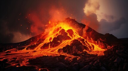 Canvas Print - Fiery volcano, bubbling lava, smoking crater.