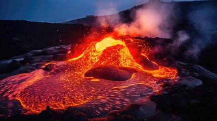 Canvas Print - Fiery volcano, bubbling lava, smoking crater.