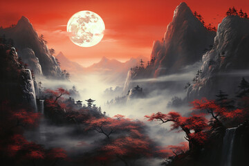 Mountain landscape painting with red moon, Chinese landscape