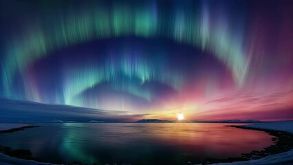 Wall Mural - astonishing sky, multicolored auroras encircle, while a captivating, cosmic dance unfolds above, a p