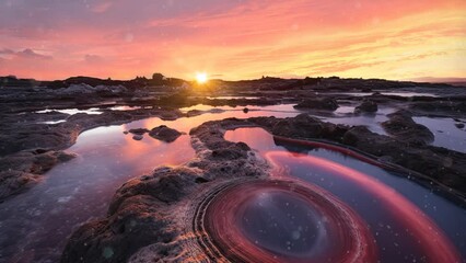 Wall Mural - otherworld sunset ignites volcanic tableau, water's mirror captures surreal dance of molten hues