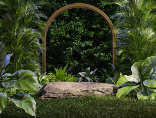 Wall Mural - Stone platform pedestal in tropical forest for product presentation and green forest.