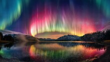 The Sky Of The Unknown Captivates, Where Multicolored Auroras Form A Graceful Cosmic Performance, A Panorama Mingles Celestial, Aquatic, And Dusk Hues, Embracing Icy Peaks And A Serene Lake