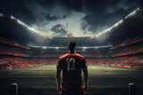 Fototapeta Fototapety sport - Rear view of football player in red jersey on stadium at night