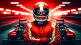Fototapeta Sport - Close up of racing driver against race track with red lights