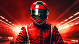 Fototapeta  - Close up of racing driver against race track with red lights