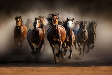 Canvas Print - Image of herd of wild horses is running. Wildlife Animals. Generative AI. Illustration.