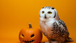 A white owl standing next to a pumpkin