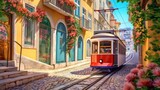 Fototapeta Uliczki - vintage tram on the narrow street for travel destination
