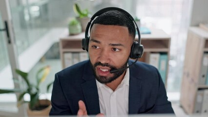 Poster - Call center, employee and man with telemarketing, talking and contact with tech support, crm and help. Person, agent and consultant with customer service, headphones and communication in a workplace