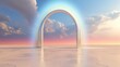 Amidst the desert's vastness, a shimmering silver arch rises, embodying the essence of colorful surrealism. This artistic creation adds a touch of modern vibrancy to the barren landscape