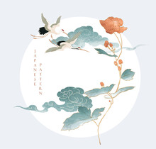 Japanese Background With Watercolor Texture Vector. Flower And Chinese Cloud Decorations In Vintage Style. Abstract Art Landscape Card Design. Circle Shape With Crane Birds Element.